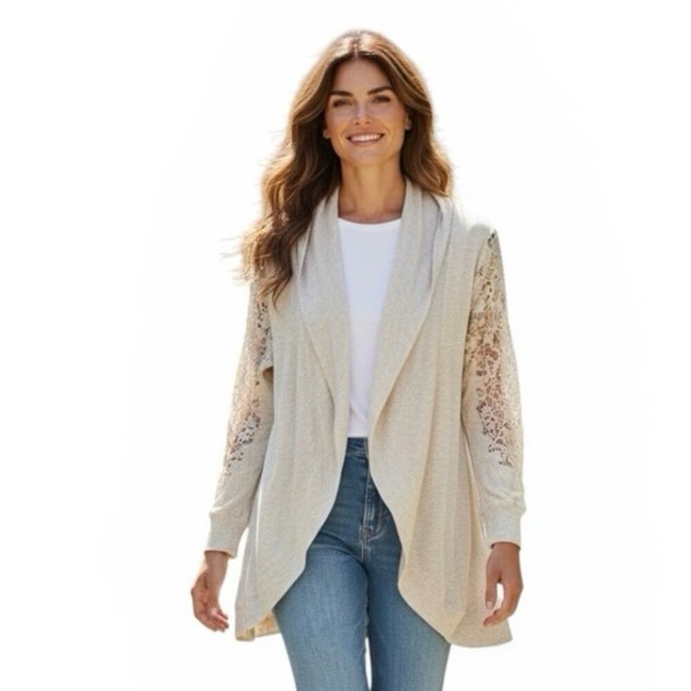 Soft Surroundings Beige Open Front 100% Cotton Lace Beaded Cardigan Size Medium
